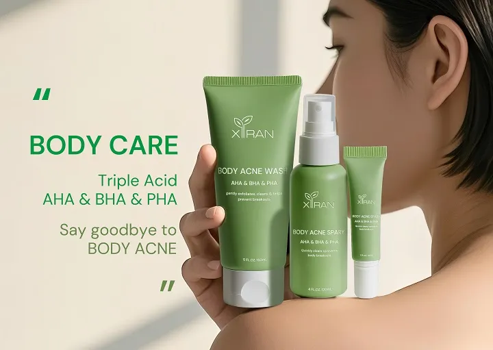 Body care products with AHA, BHA, and PHA ingredients for acne treatment; includes body wash, spray, and lotion.
